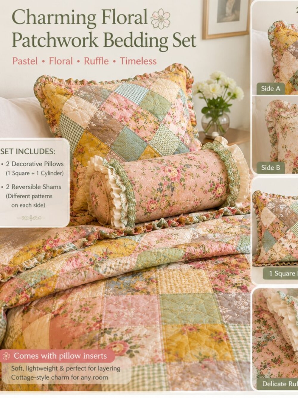 Floral Patchwork 2- pillows AND 2 shams